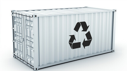 White shipping container with black recycling symbol on side, representing eco-friendly logistics, sustainability, waste management, environmental protection, renewable resources, and green cargo