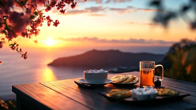 A Santorini hotel terrace is the perfect spot for sunrise, with the caldera glowing in orange and pink hues, the Aegean Sea shining below, and a breakfast spread of omelets, feta c