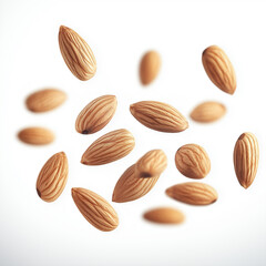 Floating almonds in midair with sharp details, highlighting natural texture, nutrition, healthy eating, superfoods, organic food, vegetarian diet, wholesome ingredients, and balanced lifestylE
