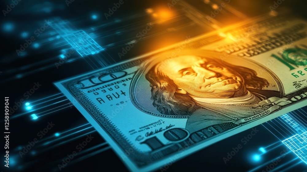 Poster account budgeting efficiency. a close-up of a hundred-dollar bill with digital effects and glowing c