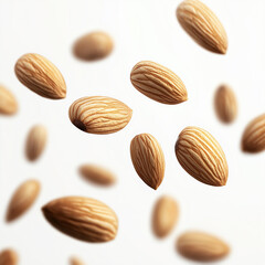 Floating almonds in midair with sharp details, highlighting natural texture, nutrition, healthy eating, superfoods, organic food, vegetarian diet, wholesome ingredients, and balanced lifestylE