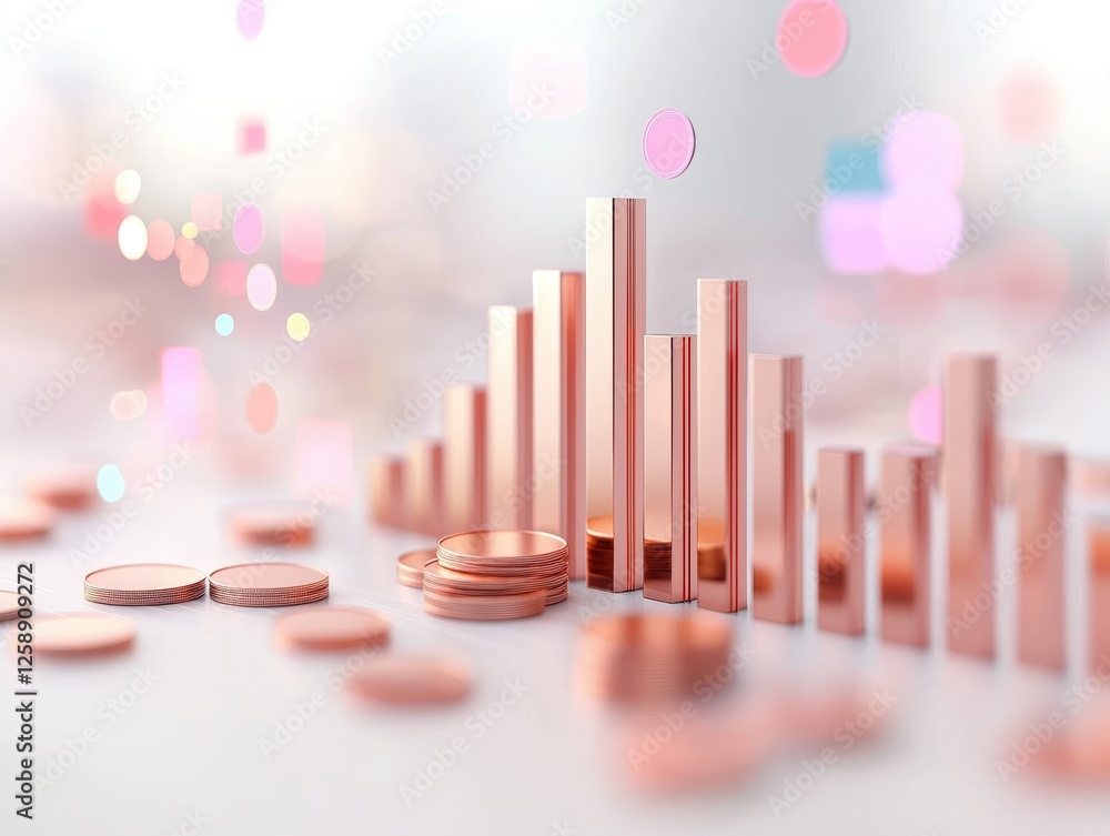 Poster account budgeting efficiency. abstract financial graph with copper-colored bars and coins on a soft-