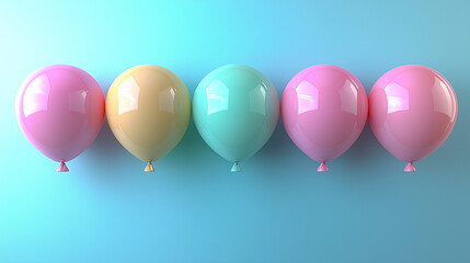colorful pastel balloons arranged in a row against a gradient blue background, symbolizing fun, celebration, happiness, minimalism, joyful atmosphere, party decoration, childhood memories, and festive