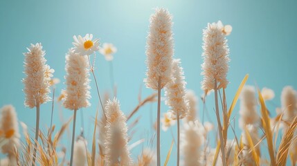 Sunny field, fluffy plants, daisies, summer, background, floral design