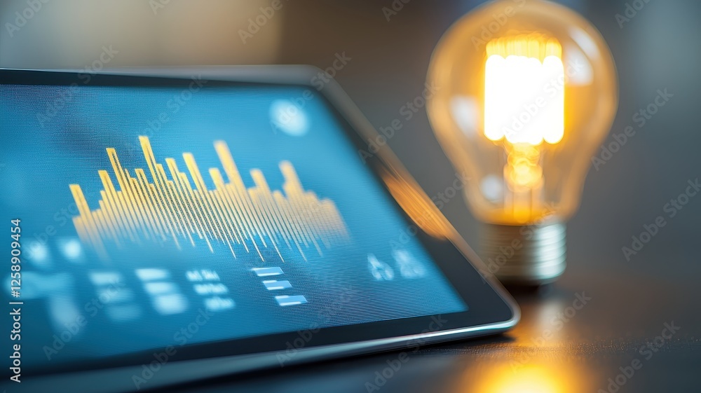 Aufkleber account budgeting efficiency. tablet displaying data analytics beside a glowing light bulb.