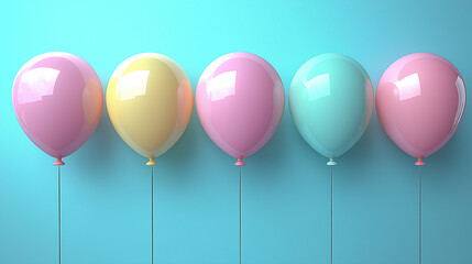 colorful pastel balloons arranged in a row against a gradient blue background, symbolizing fun, celebration, happiness, minimalism, joyful atmosphere, party decoration, childhood memories, and festive