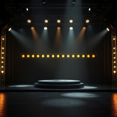 Black stage with golden lights and a platform in the middle Bokeh light lights background bokeh abstract light bright effect shiny