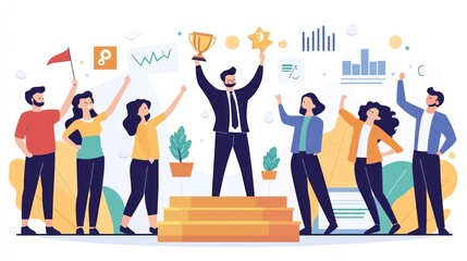 Team Success Celebration Trophy Award Winning Businessman Colleagues Graph Charts