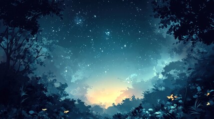 Mystical Forest Night Sky With Butterflies