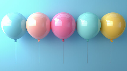 colorful pastel balloons arranged in a row against a gradient blue background, symbolizing fun, celebration, happiness, minimalism, joyful atmosphere, party decoration, childhood memories, and festive