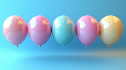 colorful pastel balloons arranged in a row against a gradient blue background, symbolizing fun, celebration, happiness, minimalism, joyful atmosphere, party decoration, childhood memories, and festive