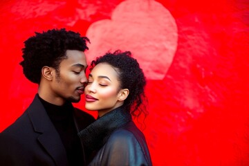 Valentine's day, affectionate couple: impressive dazzling, image of loving black young couple. Commercial promotion creative. Sign of love and affection. Couple connection. Advertising couple.