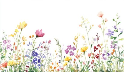 Watercolor wildflowers meadow border, spring, white background, greeting card