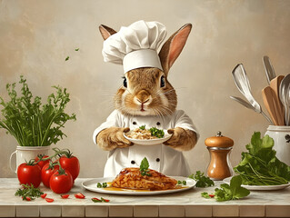 Culinary Delight Concept: Charming Chef Bunny Presents Food. Kitchen Scene, Salad & Grill