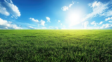 Obraz premium Sunny field, vibrant green grass, blue sky, clouds, nature background, idyllic landscape