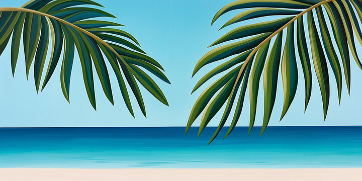Tropical beach scene with palm leaves framing the ocean view, symbolizing exotic vacation, summer relaxation, paradise escape, coastal scenery, dreamy getaway, and breathtaking travel destinations