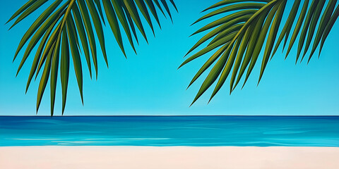 Tropical beach scene with palm leaves framing the ocean view, symbolizing exotic vacation, summer relaxation, paradise escape, coastal scenery, dreamy getaway, and breathtaking travel destinations
