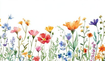 Watercolor wildflowers border, meadow, vibrant, spring, design