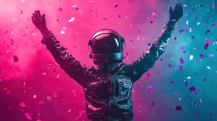 Astronaut Celebrates Triumphantly Amidst Falling Confetti