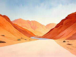 Naklejka premium Desert river flowing through red mountains arid landscape digital art calm environment wide angle view