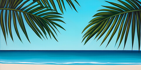 Tropical beach scene with palm leaves framing the ocean view, symbolizing exotic vacation, summer relaxation, paradise escape, coastal scenery, dreamy getaway, and breathtaking travel destinations