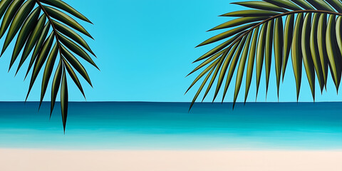 Tropical beach scene with palm leaves framing the ocean view, symbolizing exotic vacation, summer relaxation, paradise escape, coastal scenery, dreamy getaway, and breathtaking travel destinations
