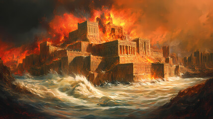 Fototapeta premium Ancient citadel engulfed in hellish inferno surrounded by raging river. Underworld Citadels. Illustration