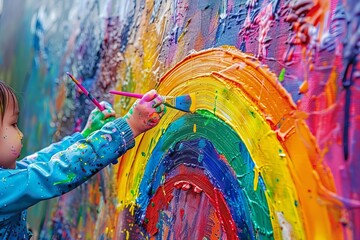 Young artist painting a rainbow with hands covered in paint.