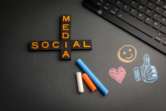 Social Media. Crossword from old alphabet letters tiles