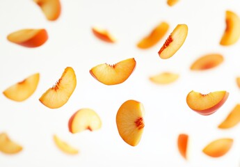 Peach Slices Levitation On White Background