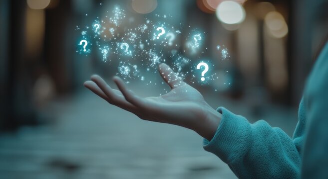 Close-up of a hand with question marks floating in the air, blurred background emphasis on the detailed texture of one question mark Generative AI