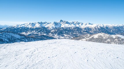 Obraz premium Snowy mountain range vista, ski slope foreground, winter landscape, travel postcard