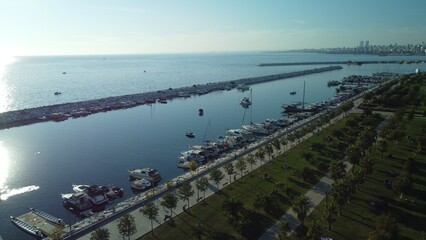 Drone aerial view of natural park, seaside, port