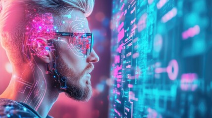 Futuristic human with augmented features interacting with a digital interface in a high-tech environment