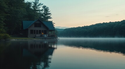 Fototapeta premium Lakeside Cabin at Dawn Serene Peaceful Setting