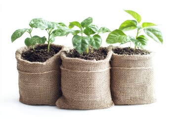 Three small plants in burlap pots against white background