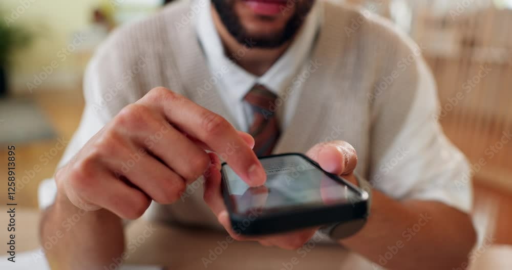 Poster phone, hands and man scroll in office for online company website development with research. cellphon