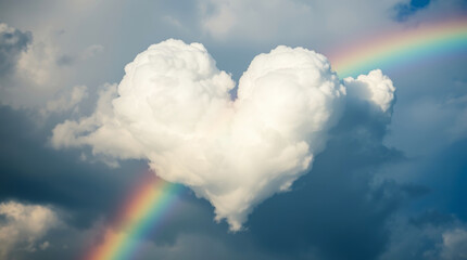 Heart-shaped cloud with a vibrant rainbow against a cloudy sky