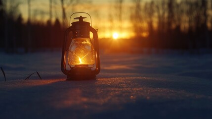 Illuminated Lantern Rests on Snowy Ground at Sunset