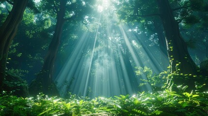 Fototapeta premium Sunbeams pierce through lush, green forest canopy.