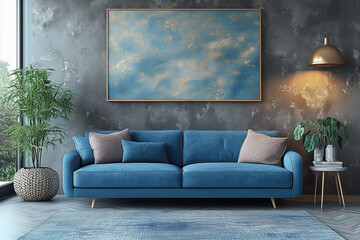 Interior of living room with blue sofa .