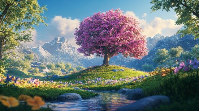 Pixelated Spring Meadow With Pink Blossoming Tree And Mountains