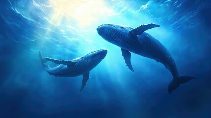 Fototapeta premium A whale shark and a humpback whale crossing paths in the deep blue sea, underwater perspective. 