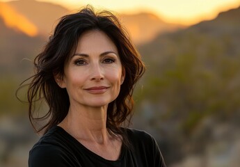 Fototapeta premium Portrait Of A Woman At Sunset In Desert Landscape
