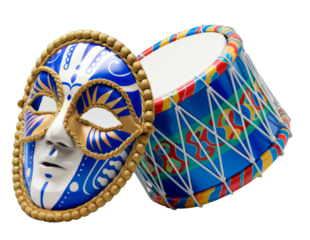 Colorful carnival mask and drum, concept of parties and culture.