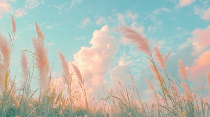 Serene sunset over tall grasses nature scene open field pastel sky tranquil viewpoint