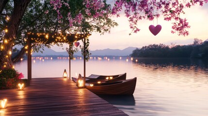 Tranquil Lakeside View with Heart Decorations and Fairy Lights