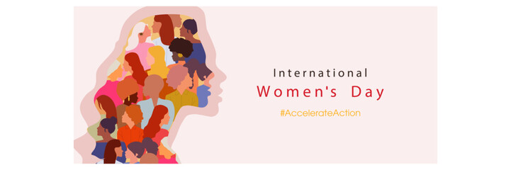 Happy Women's day. Woman silhouette head isolated. March 8, International Women's day card with women. Flat design. The power is in women.