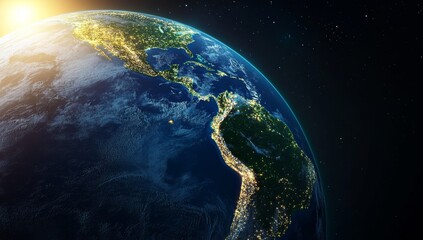 Fototapeta premium Sunrise Earth, space, night lights, America, global, background, planet, illustration, environmental, education