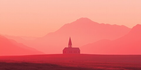 Obraz premium Serene sunset view of isolated church in mountain landscape tranquil atmosphere scenic